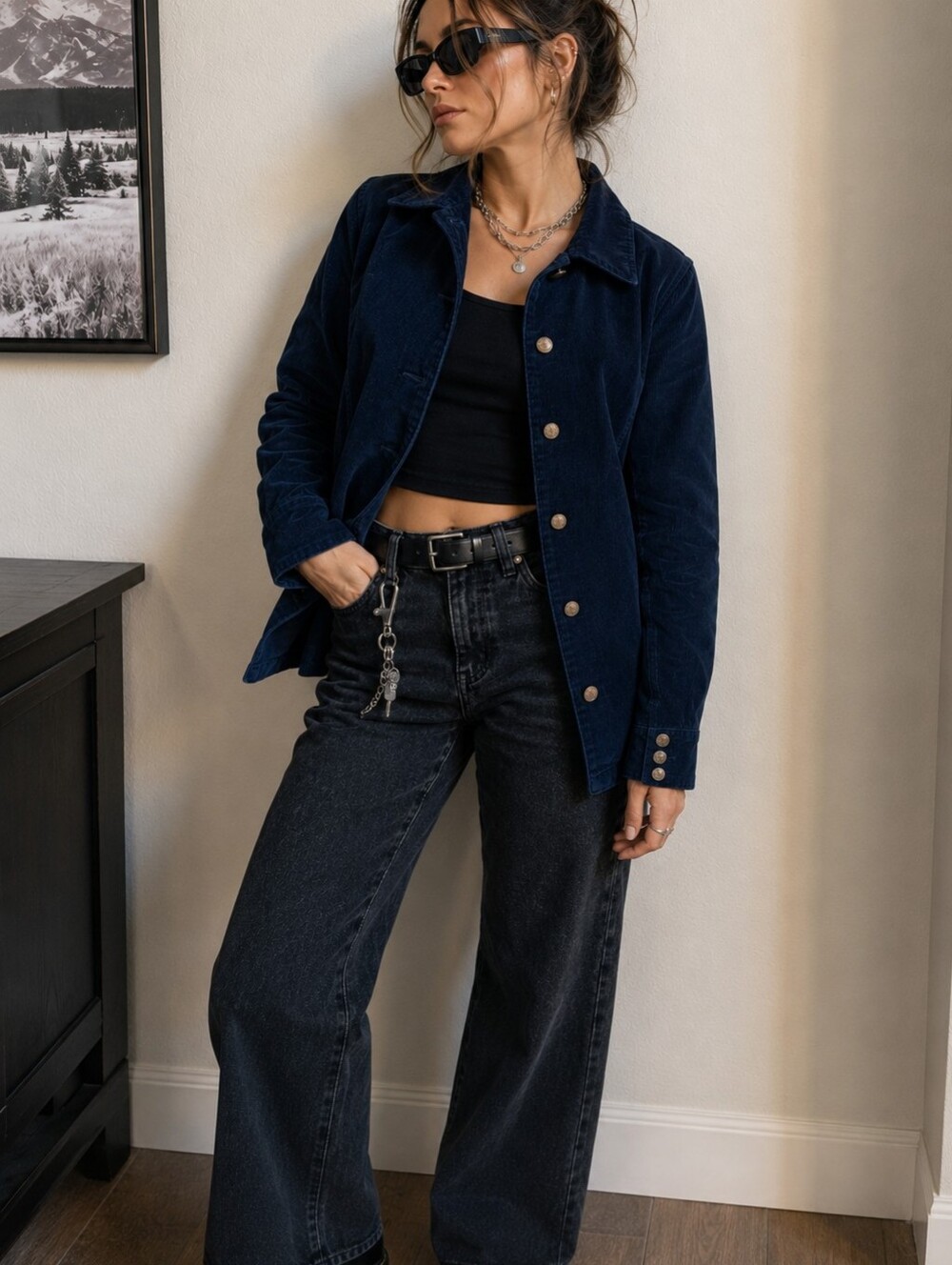 Women's Navy Button-Front Jacket Shirt Corduroy Vintage Bill Blass Jeans Stretch